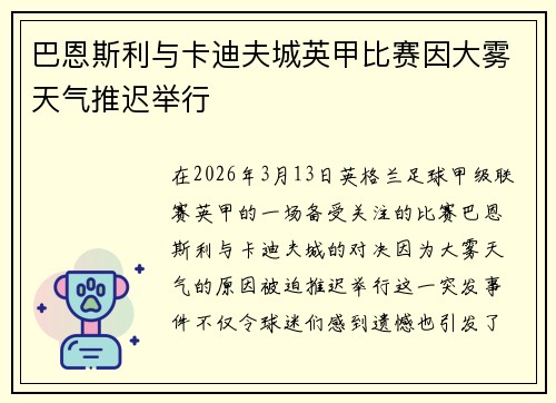 巴恩斯利与卡迪夫城英甲比赛因大雾天气推迟举行